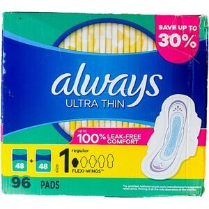 New Always Ultra Thin Pads Size 1 Regular Unscented Flexi-Wings 96 Count Box